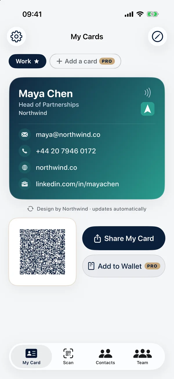 MeetVox Card on iPhone: a Northwind business card with its QR code beside Share My Card.